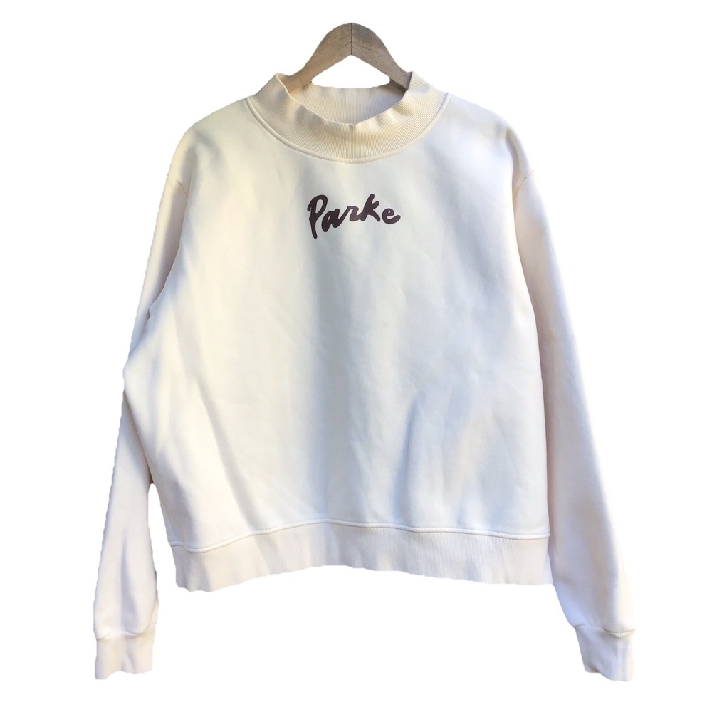 Parke Miami Graphic Sweatshirt Women's Large Cream Mock Neck Oversized Stains